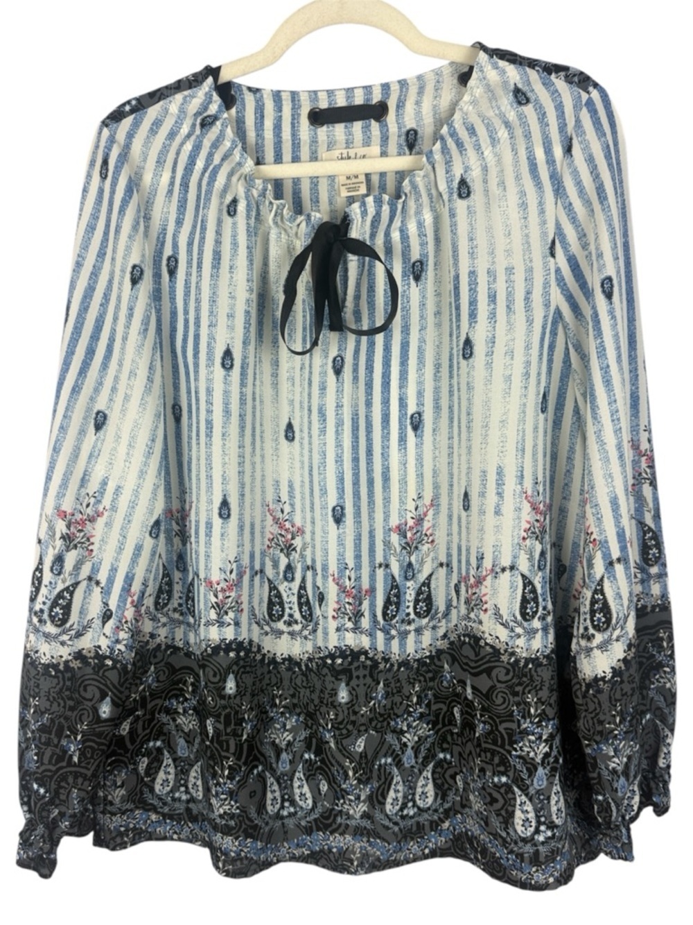 Style & Co Blue Stripe & Paisley Tie Neck Boho Peasant Blouse - Size Medium